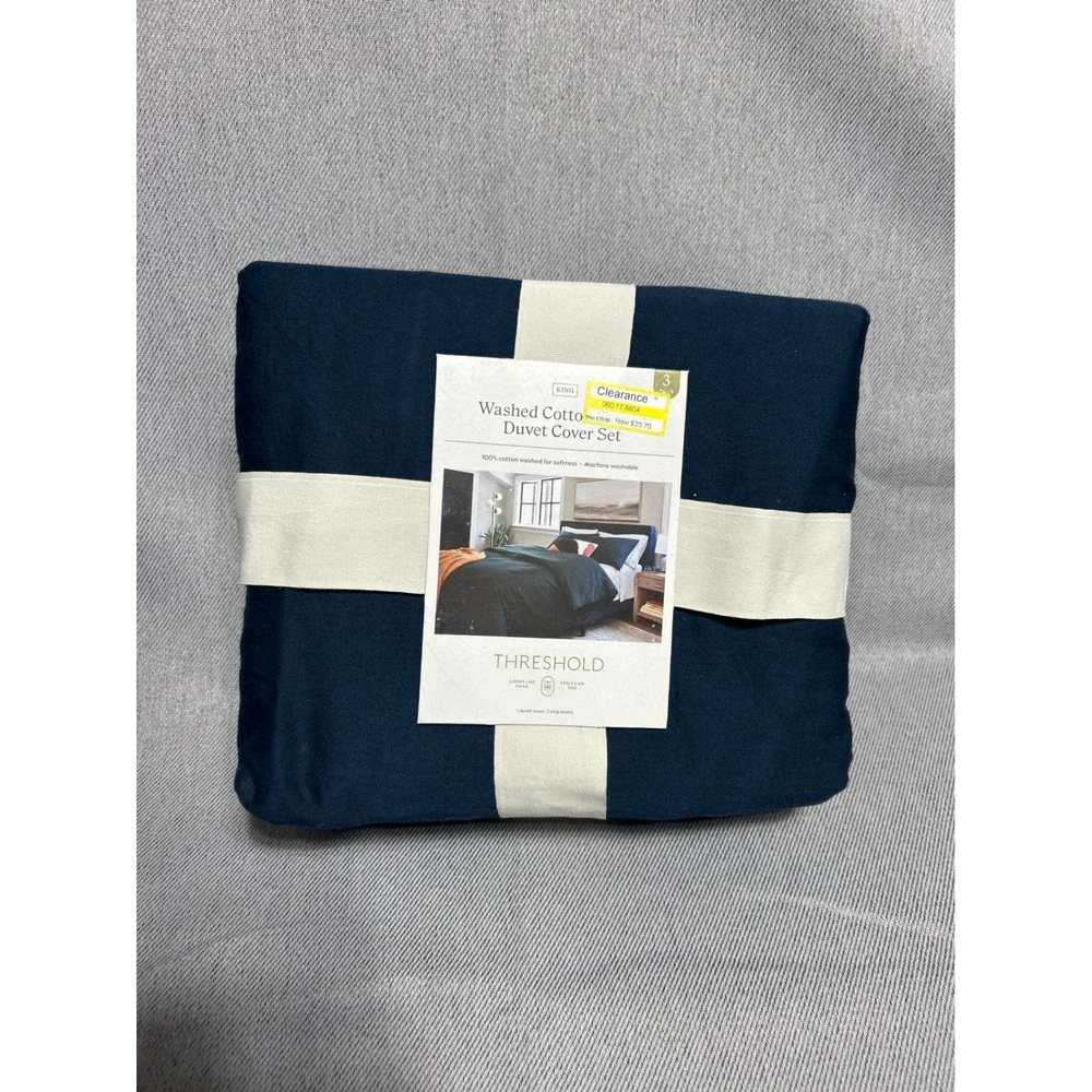 Threshold King Washed Cotton Duvet Cover Set 3pc Navy Blue Solid Soft Bedding